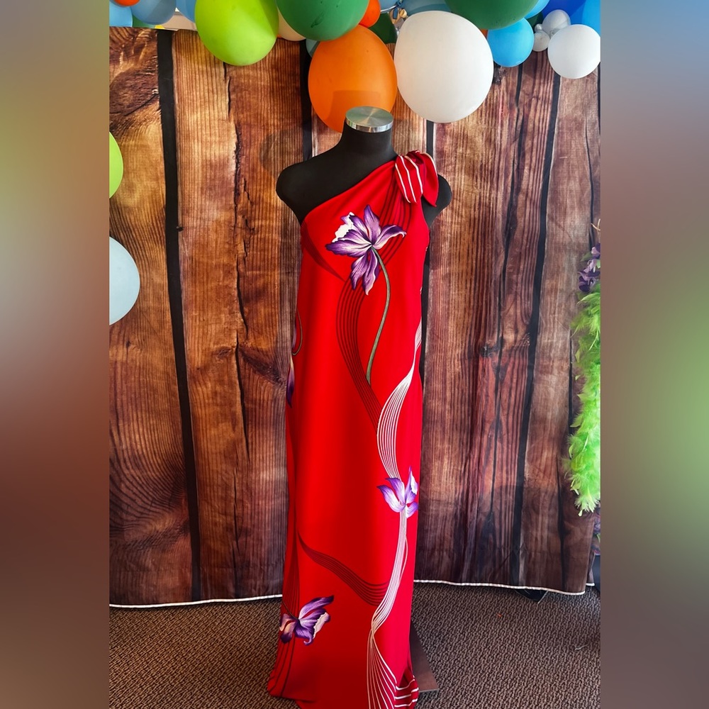 Red floral floor length one shoulder summer dress